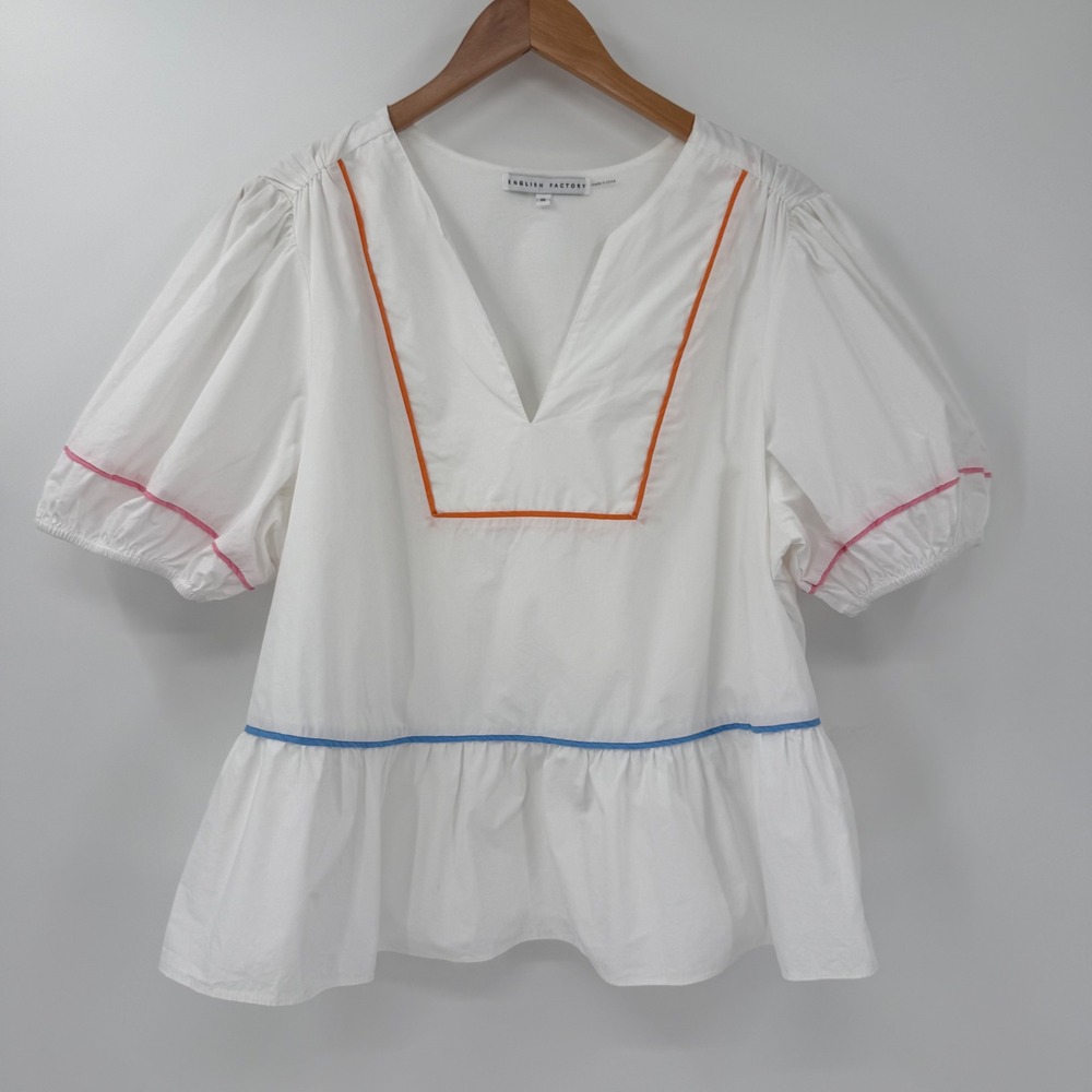 English Factory 1X White Cotton Puff Sleeve Peplum Top Colorful Piping Plus